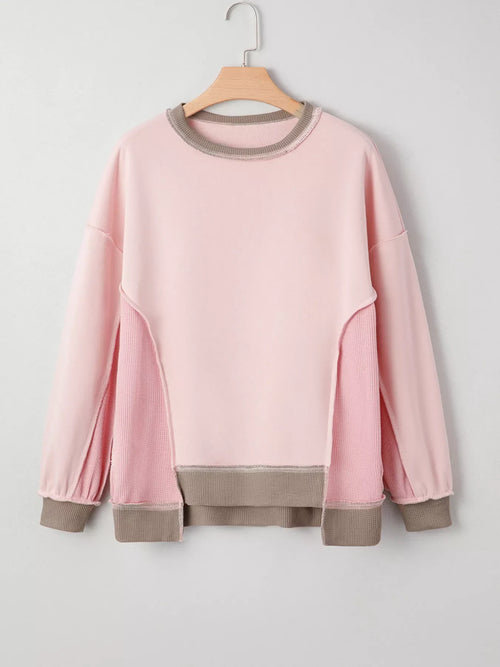 Color Block Mix Texture Waffle Patchwork Oversize Sweatshirt