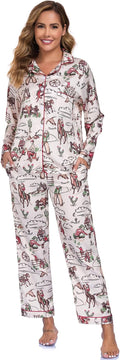 Women's Button Down Lapel Shirt With Pocket Matching Two Piece Loungewear Pajama Set