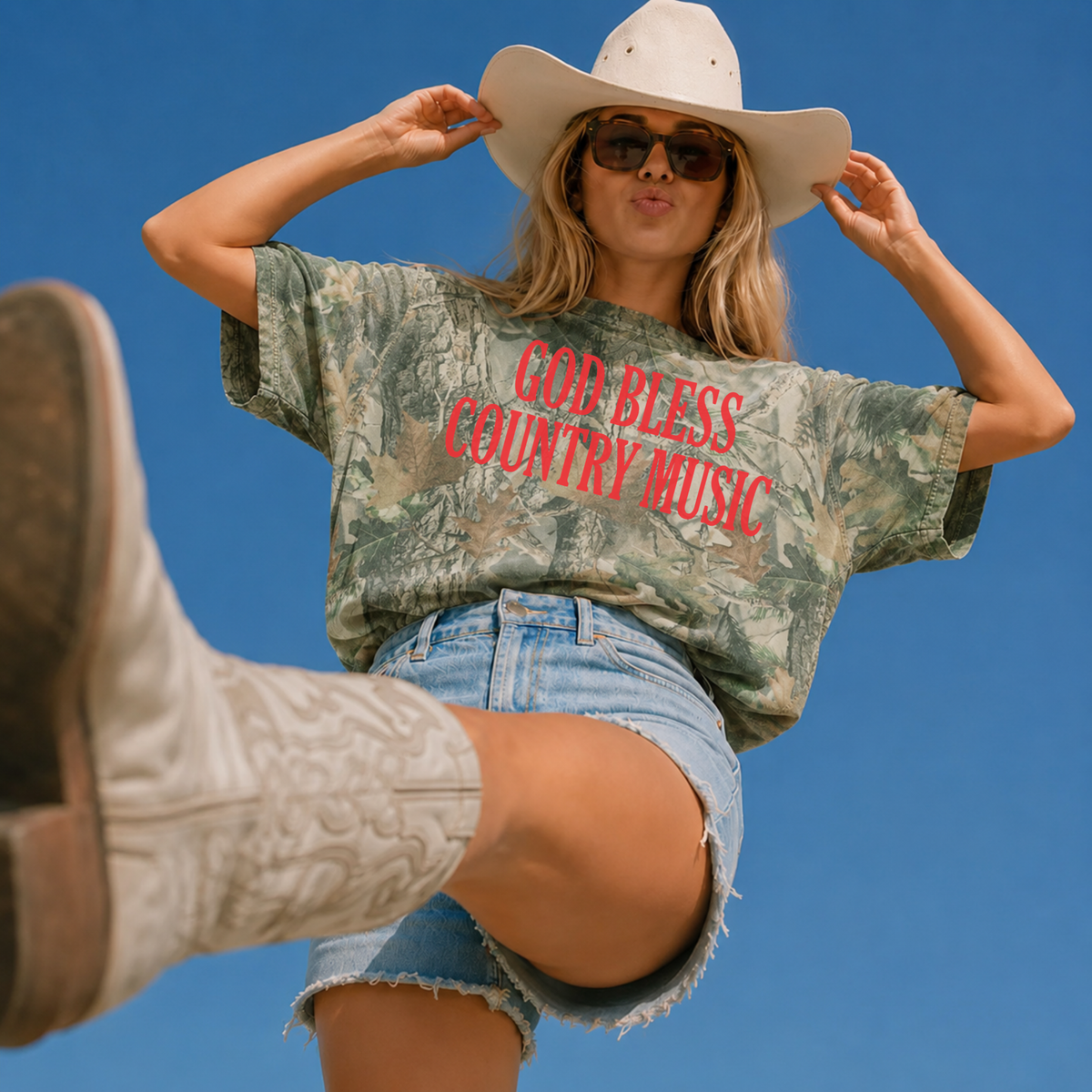 Pre- Order August 31st God Bless Country Music Vintage Wood Camo Oversized Boxy Tee